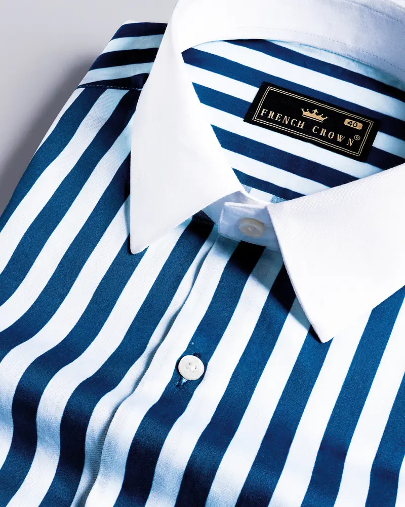 Regal Blue And White Stripes White Cuffs And Collar Subtle Sheen Super Soft Premium Cotton Designer Shirt 6