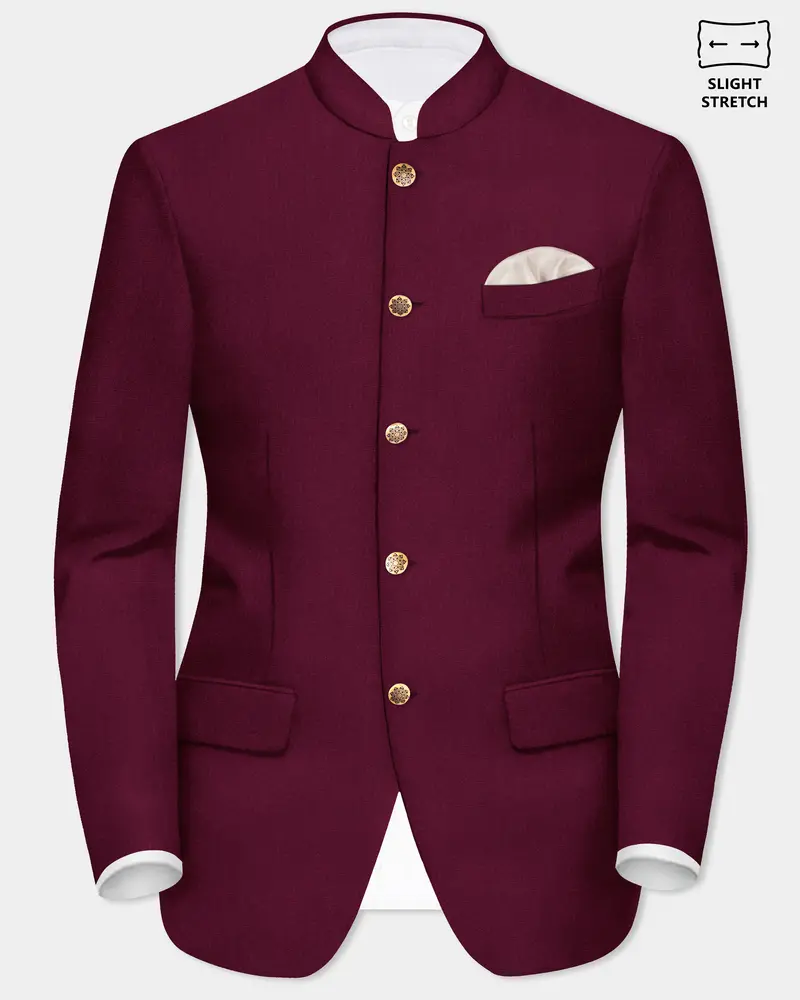 Regal Maroon-Tamarind Solid Wool Rich Bandhgala Slight Stretch Blazer 1