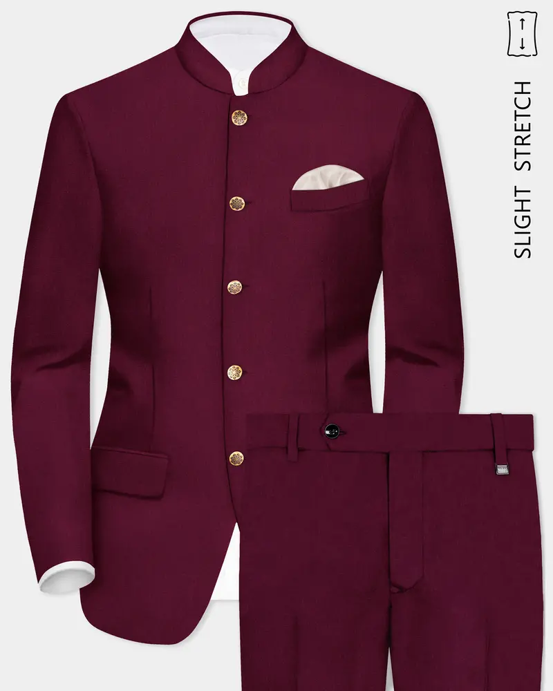 Regal Maroon-Tamarind Solid Wool Rich Bandhgala Slight Stretch Suit 1