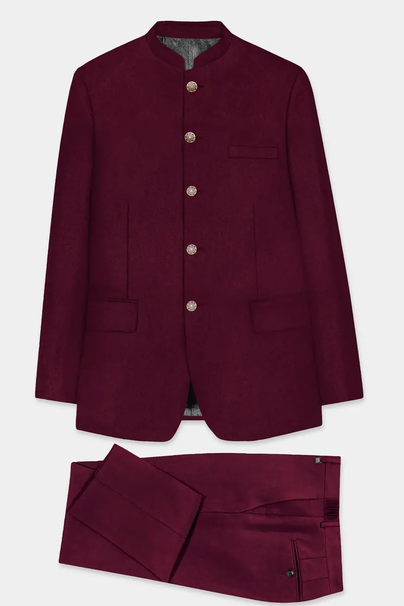 Regal Maroon-Tamarind Solid Wool Rich Bandhgala Slight Stretch Suit 10