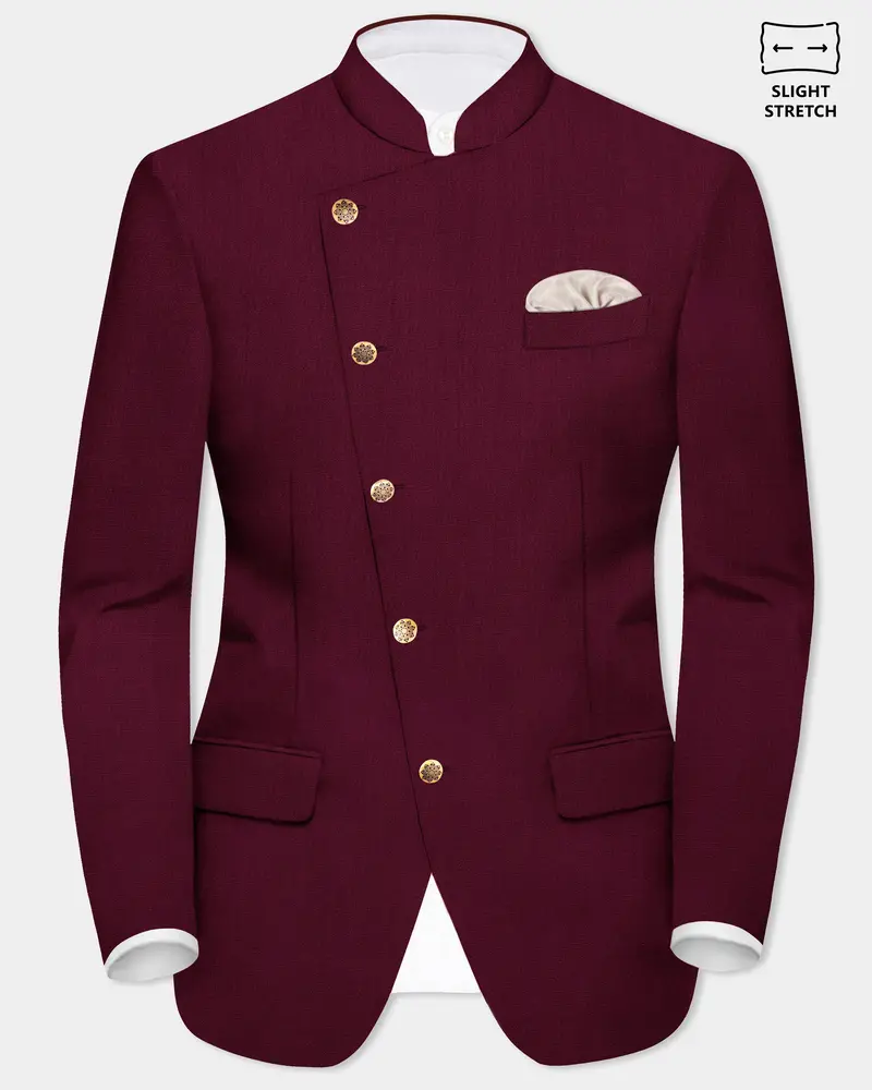 Regal Maroon-Tamarind Solid Wool Rich Cross Placket Bandhgala Slight Stretch Blazer 1
