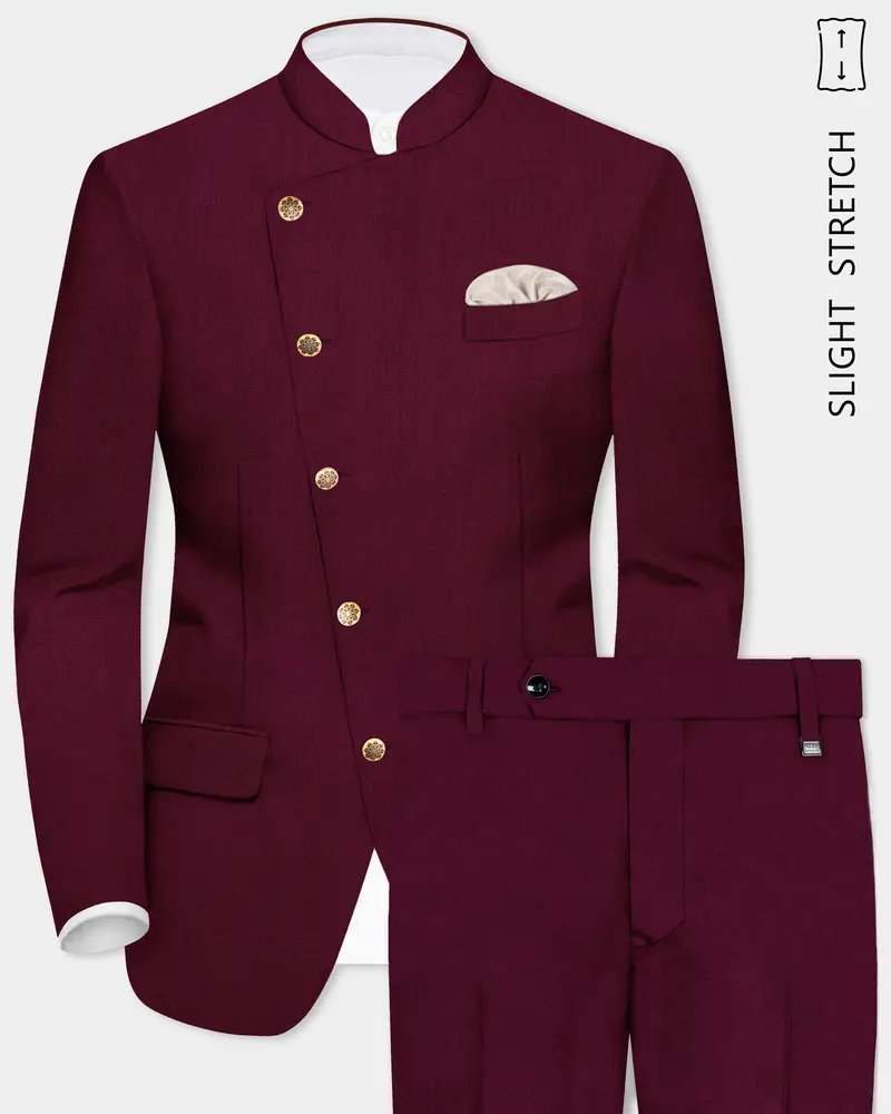 Regal Maroon-Tamarind Solid Wool Rich Cross Placket Bandhgala Slight Stretch Suit 1