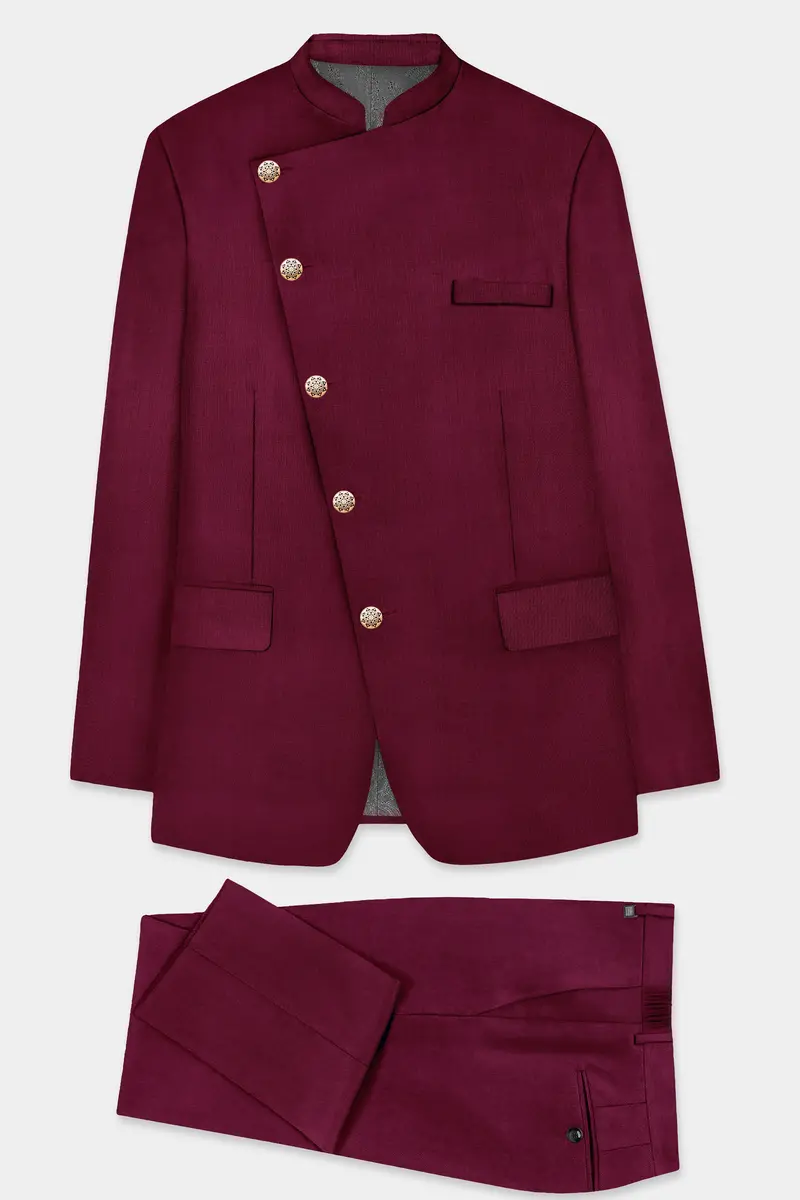 Regal Maroon-Tamarind Solid Wool Rich Cross Placket Bandhgala Slight Stretch Suit 10