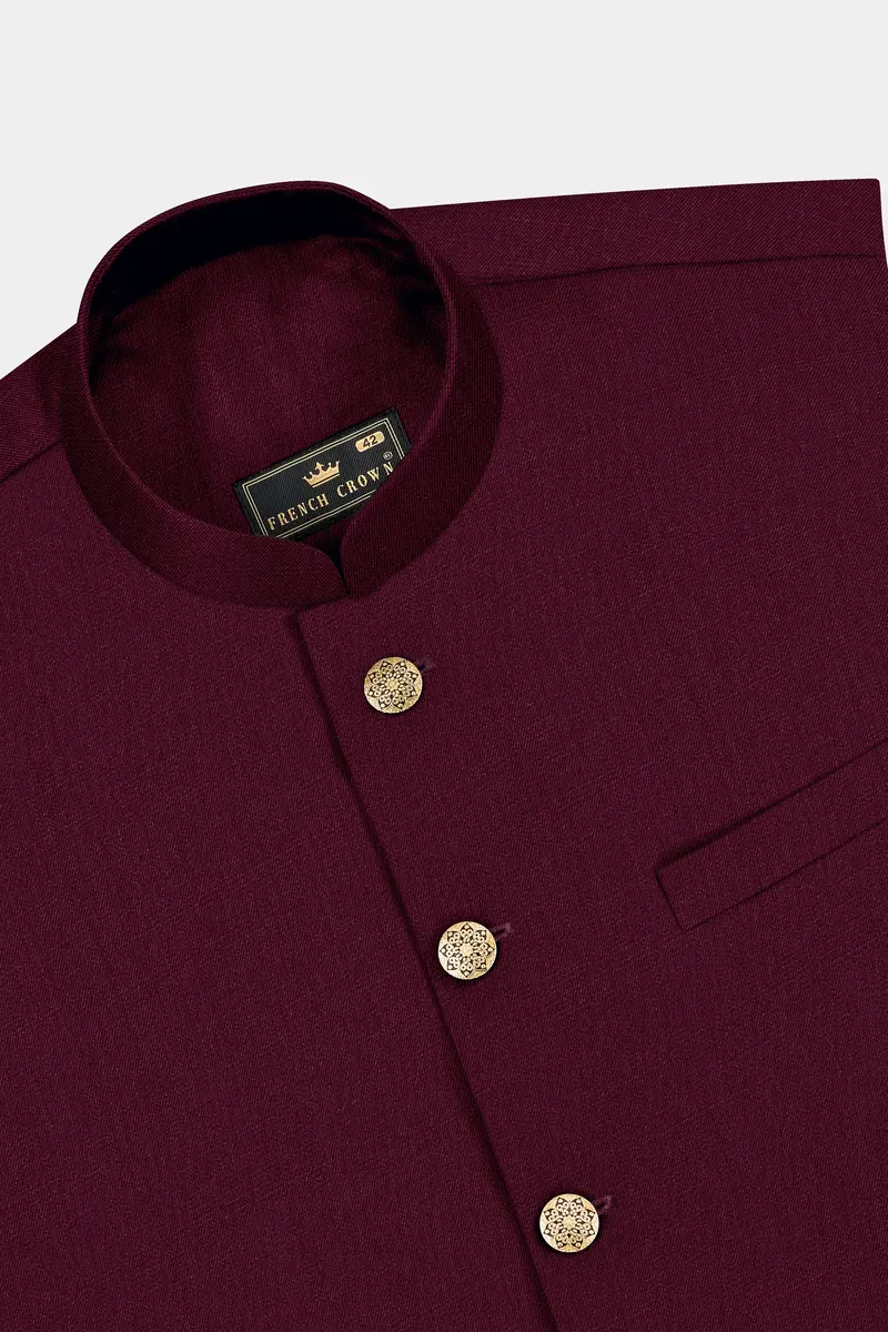 Regal Maroon-Tamarind Solid Wool Rich Cross Placket Bandhgala Slight Stretch Suit 17