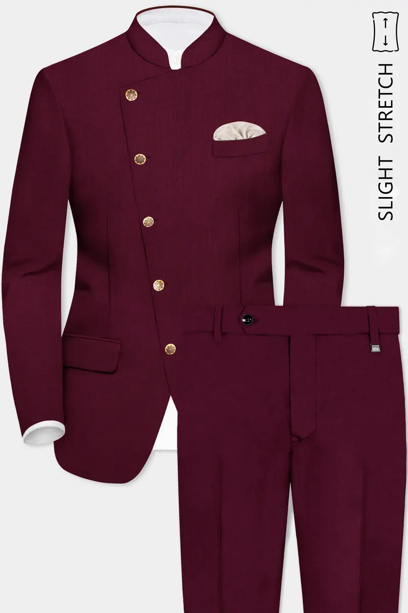 Regal Maroon-Tamarind Solid Wool Rich Cross Placket Bandhgala Slight Stretch Suit 2