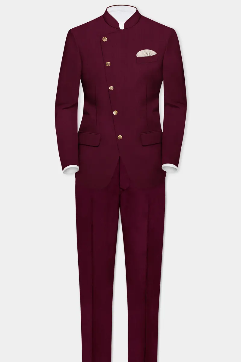 Regal Maroon-Tamarind Solid Wool Rich Cross Placket Bandhgala Slight Stretch Suit 5