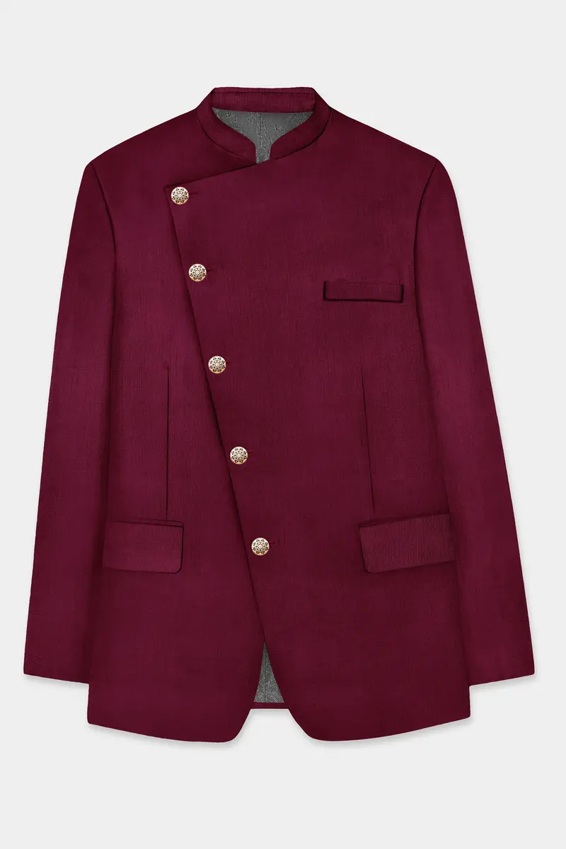 Regal Maroon-Tamarind Solid Wool Rich Cross Placket Bandhgala Slight Stretch Suit 8