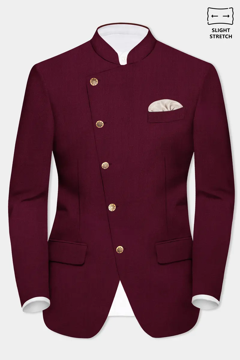 Regal Maroon-Tamarind Solid Wool Rich Cross Placket Bandhgala Slight Stretch Suit 9