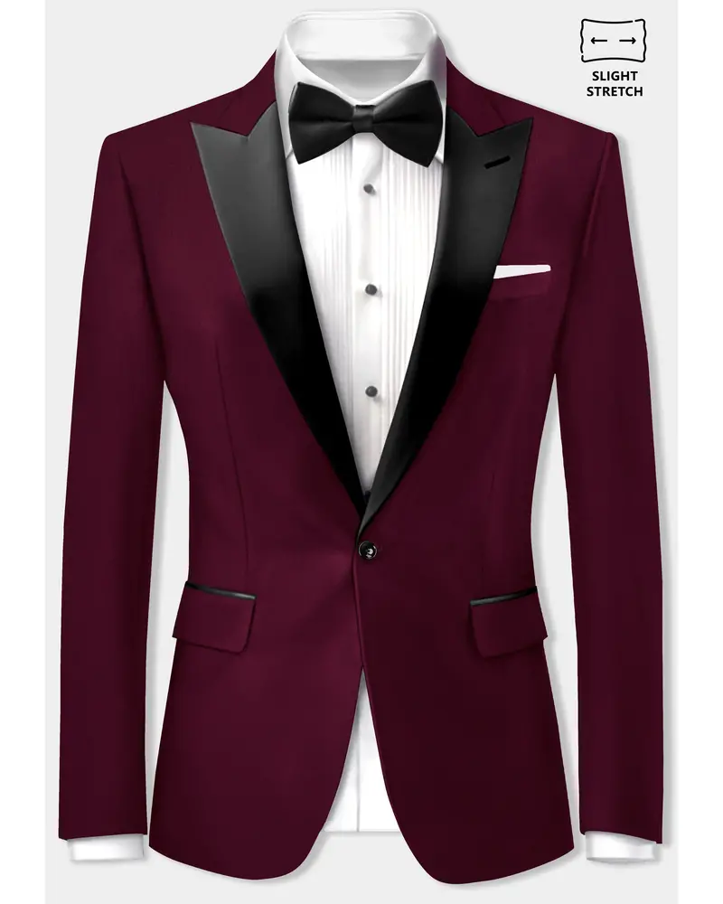 Regal Maroon-Tamarind Solid Wool Rich Peak Lapel Tuxedo Slight Stretch Blazer 1