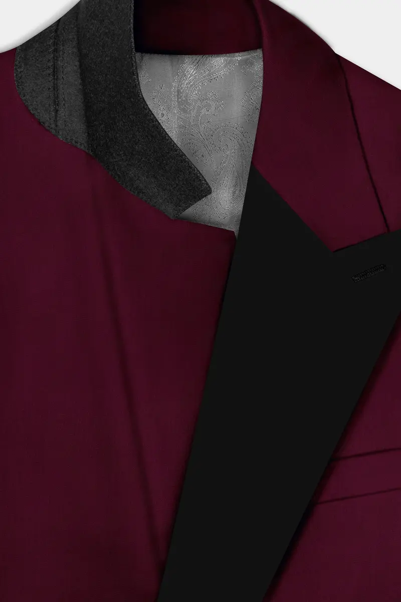 Regal Maroon-Tamarind Solid Wool Rich Peak Lapel Tuxedo Slight Stretch Blazer 6