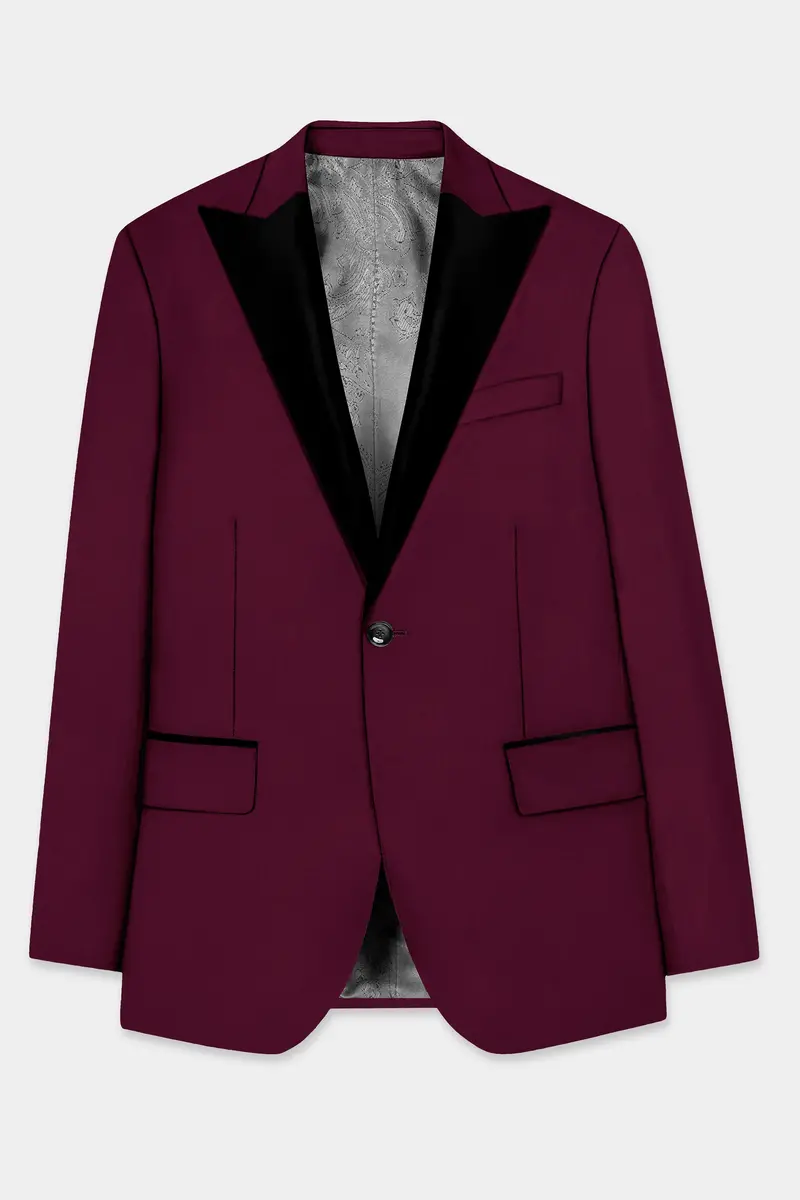 Regal Maroon-Tamarind Solid Wool Rich Peak Lapel Tuxedo Slight Stretch Blazer 7