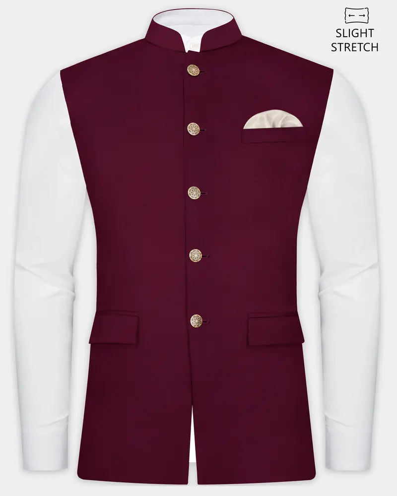 Regal Maroon-Tamarind Solid Wool Rich Slight Stretch Nehru Jacket 1