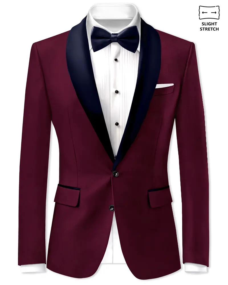 Regal Maroon-Tamarind With Blue Lepal Solid Wool Rich Tuxedo Blazer 1