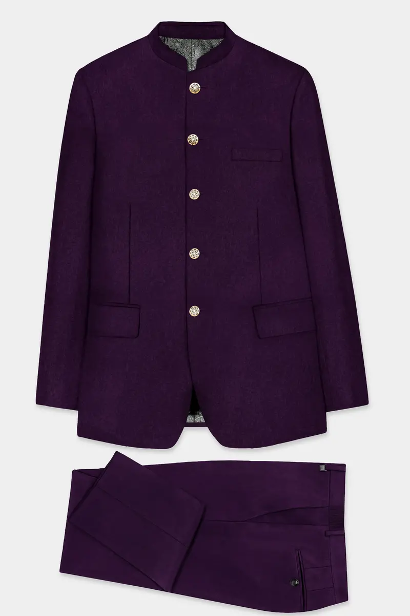 Regal Plum-Eggplant Purple Solid Wool Rich Bandhgala Slight Stretch Suit 10
