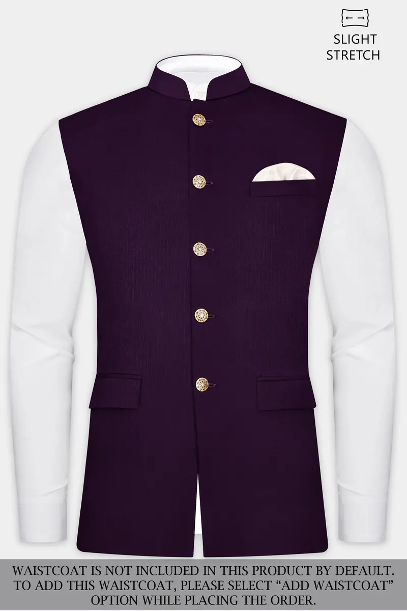 Regal Plum-Eggplant Purple Solid Wool Rich Bandhgala Slight Stretch Suit 15