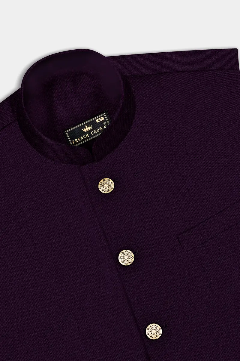 Regal Plum-Eggplant Purple Solid Wool Rich Bandhgala Slight Stretch Suit 17