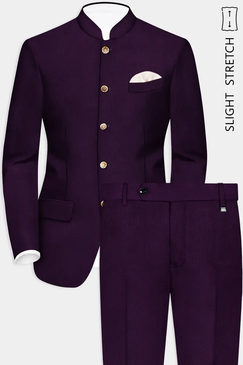 Regal Plum-Eggplant Purple Solid Wool Rich Bandhgala Slight Stretch Suit 2
