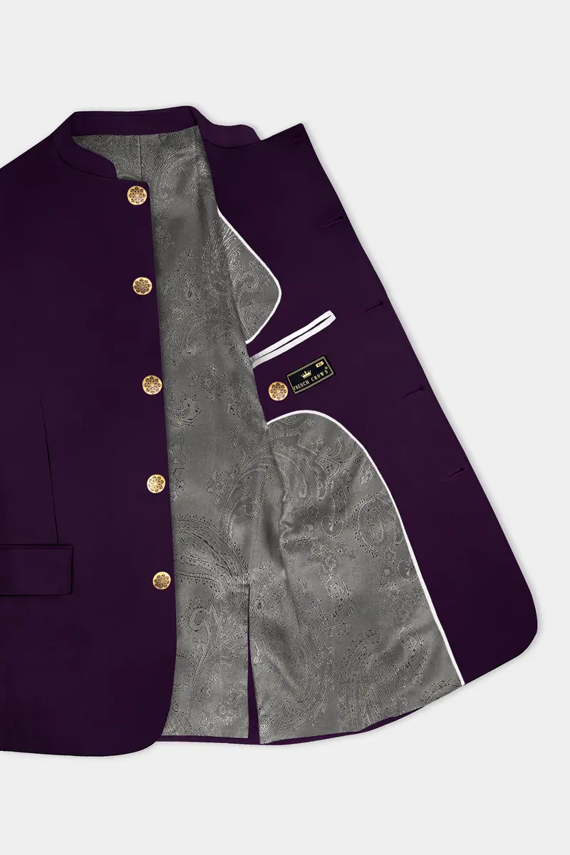 Regal Plum-Eggplant Purple Solid Wool Rich Bandhgala Slight Stretch Suit 5