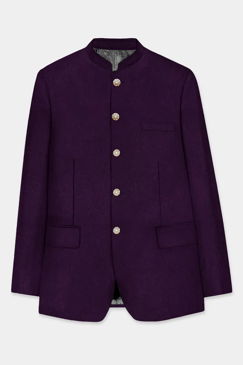 Regal Plum-Eggplant Purple Solid Wool Rich Bandhgala Slight Stretch Suit 7
