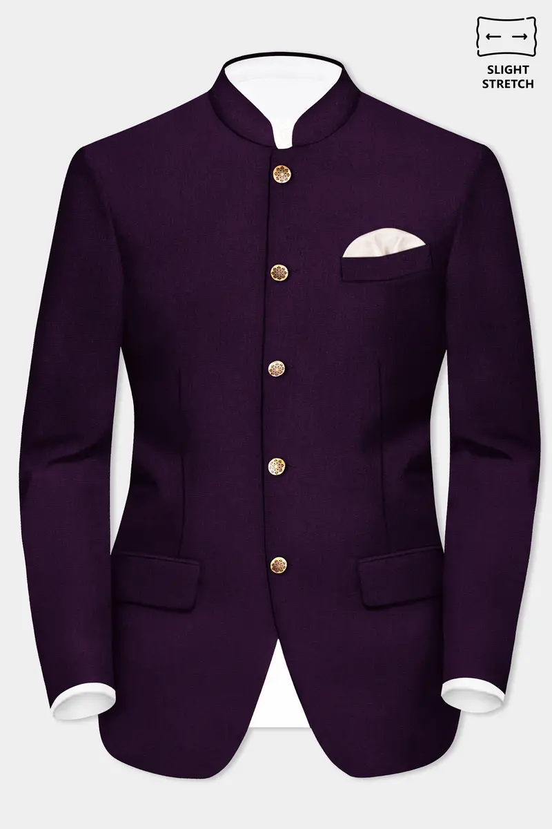 Regal Plum-Eggplant Purple Solid Wool Rich Bandhgala Slight Stretch Suit 9