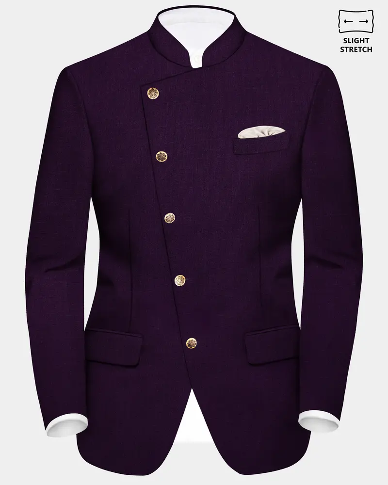 Regal Plum-Eggplant Purple Solid Wool Rich Cross Placket Bandhgala Slight Stretch Blazer 1
