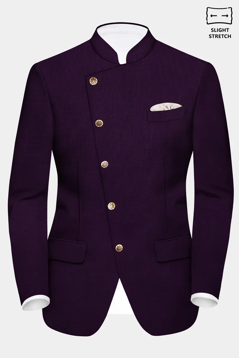 Regal Plum-Eggplant Purple Solid Wool Rich Cross Placket Bandhgala Slight Stretch Blazer 2