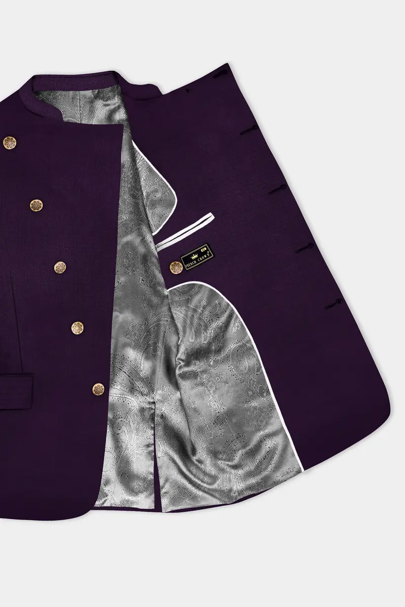 Regal Plum-Eggplant Purple Solid Wool Rich Cross Placket Bandhgala Slight Stretch Blazer 4