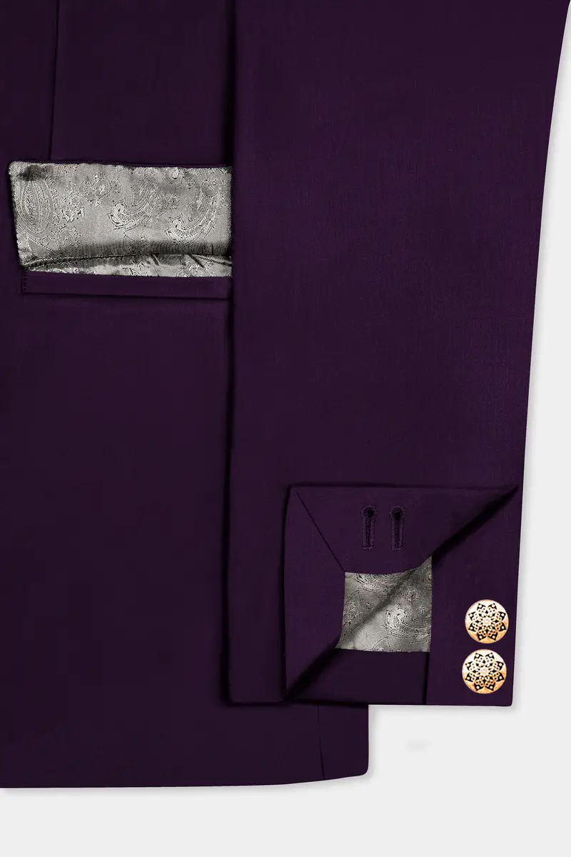 Regal Plum-Eggplant Purple Solid Wool Rich Cross Placket Bandhgala Slight Stretch Blazer 5