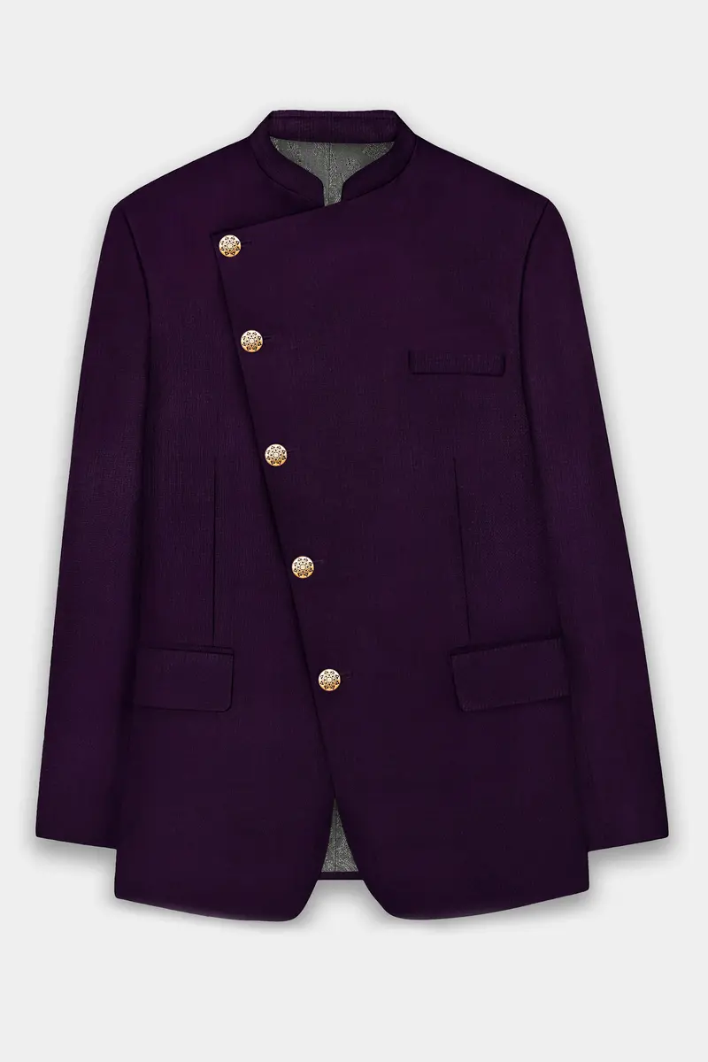 Regal Plum-Eggplant Purple Solid Wool Rich Cross Placket Bandhgala Slight Stretch Blazer 6