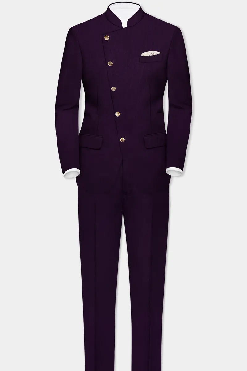 Regal Plum-Eggplant Purple Solid Wool Rich Cross Placket Bandhgala Slight Stretch Blazer 8