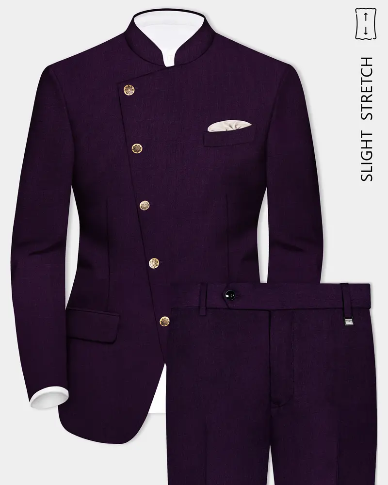 Regal Plum-Eggplant Purple Solid Wool Rich Cross Placket Bandhgala Slight Stretch Suit 1