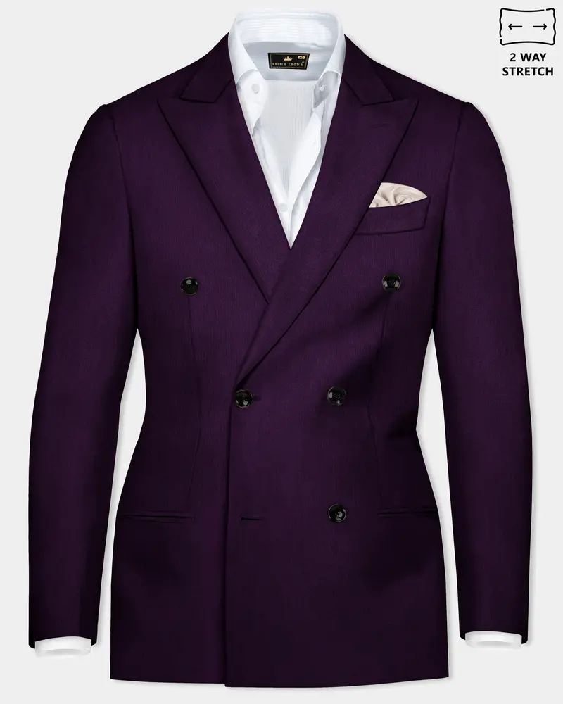 Regal Plum-Eggplant Purple Solid Wool Rich Double Breasted Slight Stretch Blazer 1