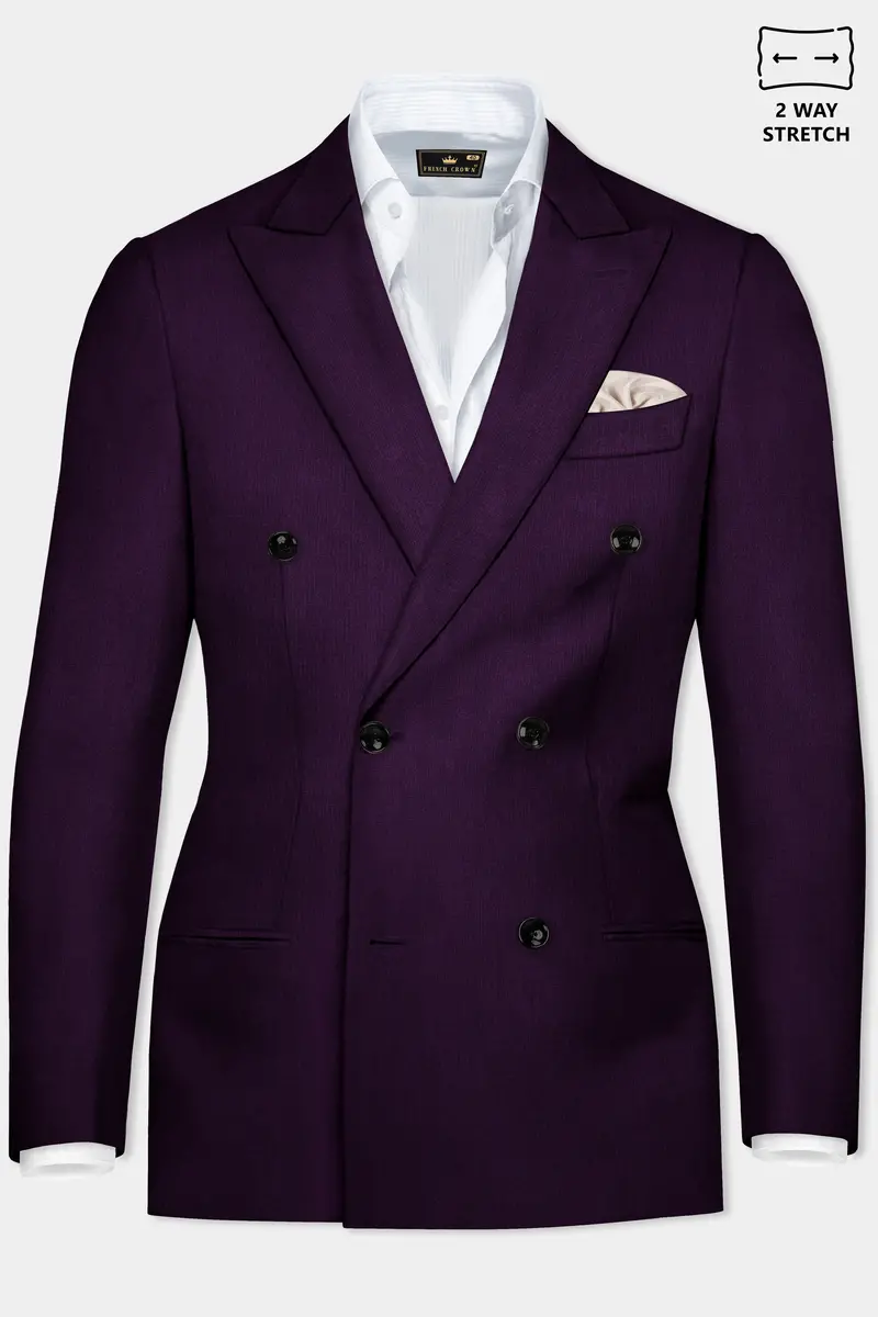 Regal Plum-Eggplant Purple Solid Wool Rich Double Breasted Slight Stretch Blazer 2