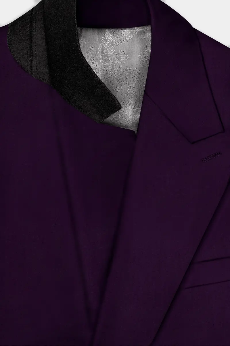 Regal Plum-Eggplant Purple Solid Wool Rich Double Breasted Slight Stretch Blazer 4