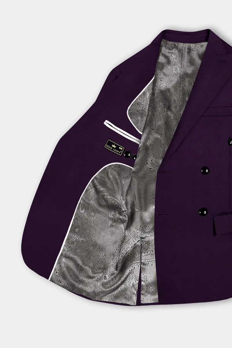 Regal Plum-Eggplant Purple Solid Wool Rich Double Breasted Slight Stretch Blazer 5