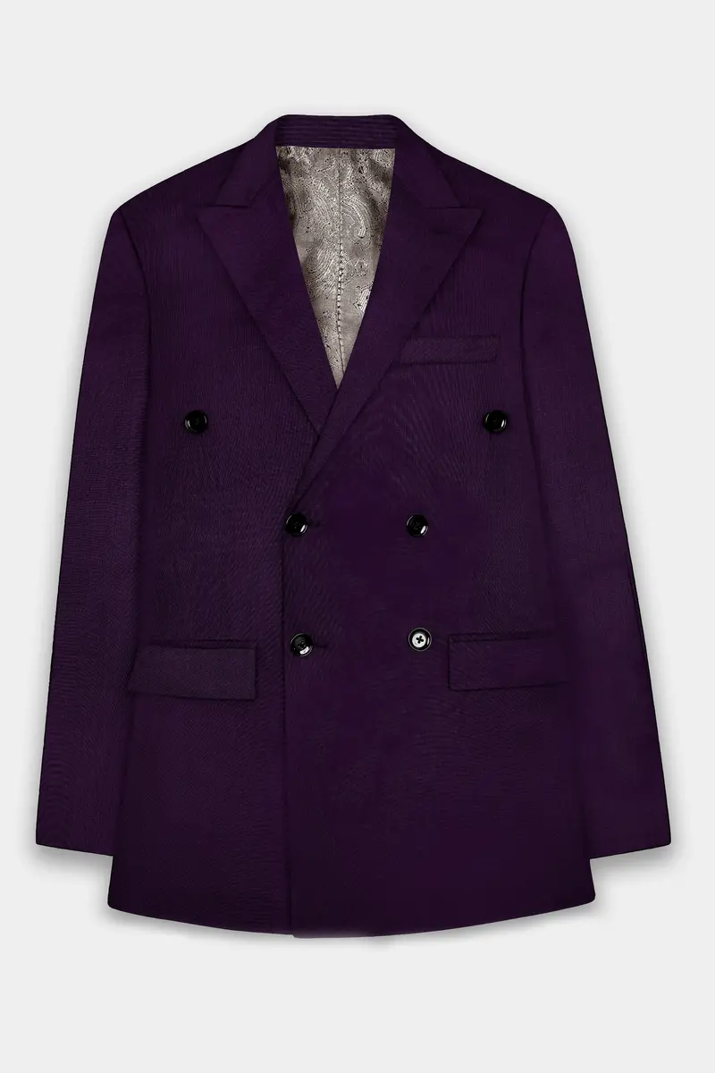 Regal Plum-Eggplant Purple Solid Wool Rich Double Breasted Slight Stretch Blazer 7