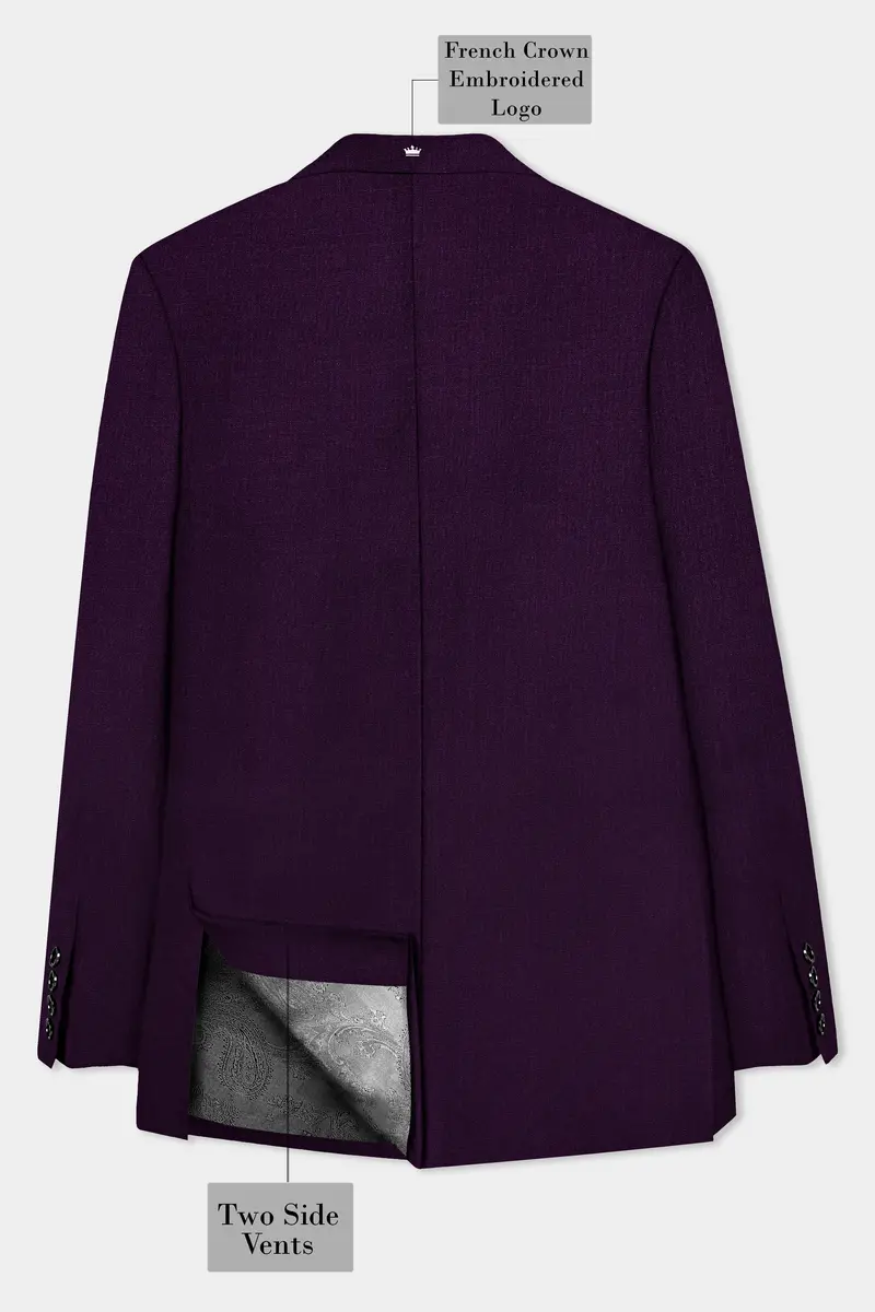 Regal Plum-Eggplant Purple Solid Wool Rich Double Breasted Slight Stretch Blazer 8