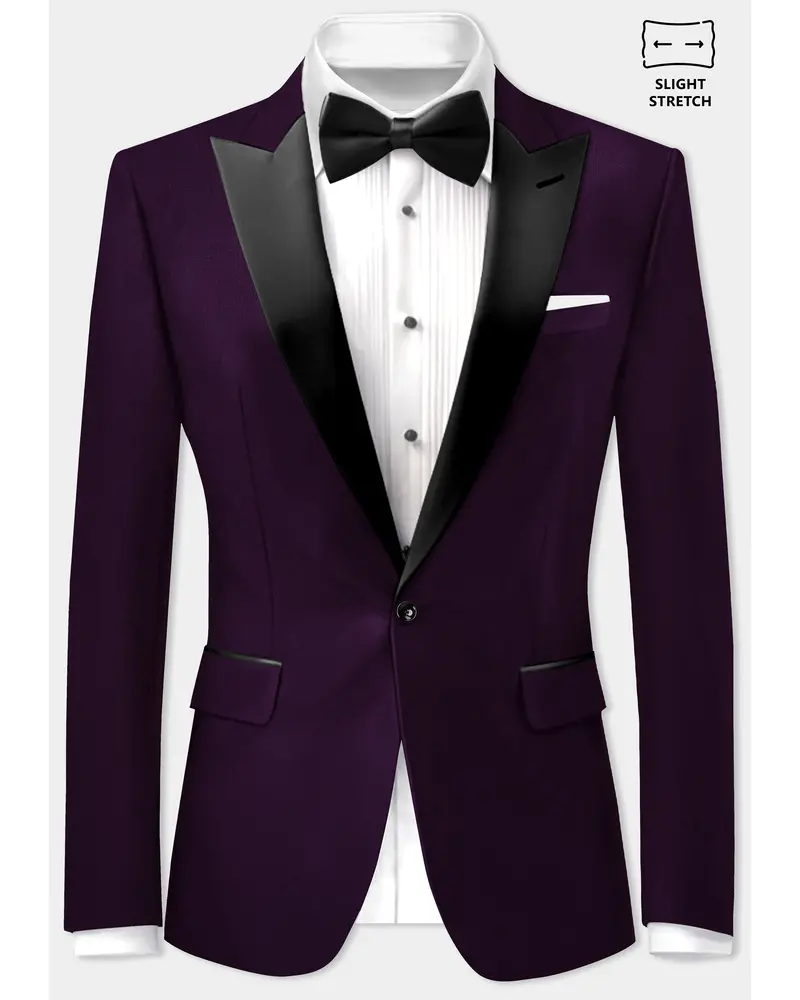 Regal Plum-Eggplant Purple Solid Wool Rich Peak Lapel Tuxedo Slight Stretch Blazer 1