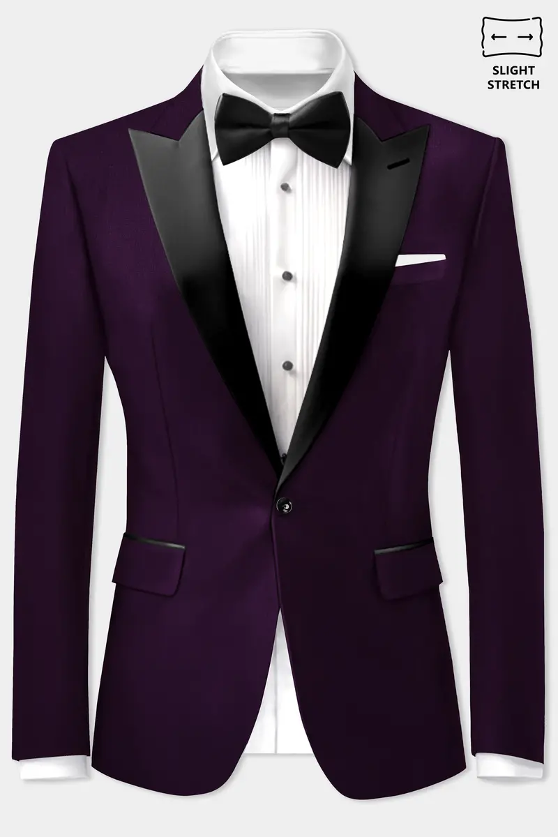 Regal Plum-Eggplant Purple Solid Wool Rich Peak Lapel Tuxedo Slight Stretch Blazer 2