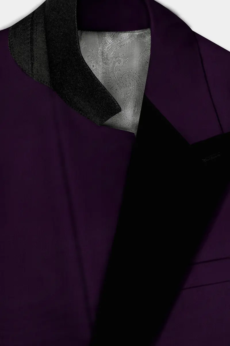 Regal Plum-Eggplant Purple Solid Wool Rich Peak Lapel Tuxedo Slight Stretch Blazer 4