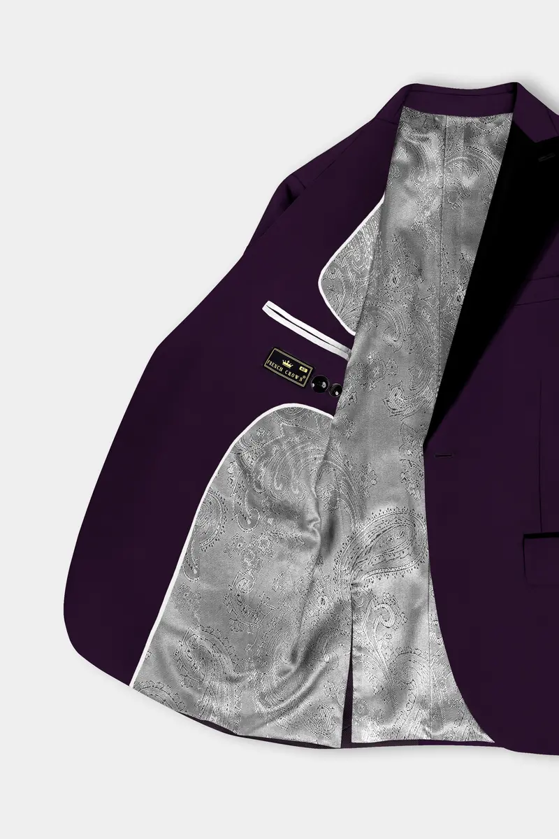 Regal Plum-Eggplant Purple Solid Wool Rich Peak Lapel Tuxedo Slight Stretch Blazer 5