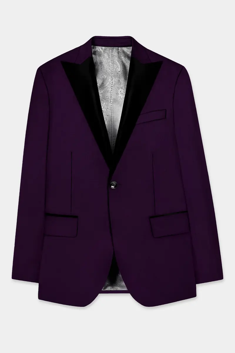 Regal Plum-Eggplant Purple Solid Wool Rich Peak Lapel Tuxedo Slight Stretch Blazer 7