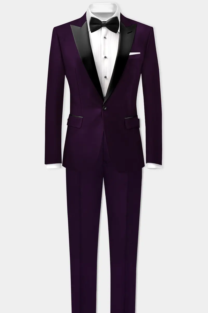 Regal Plum-Eggplant Purple Solid Wool Rich Peak Lapel Tuxedo Slight Stretch Blazer 9