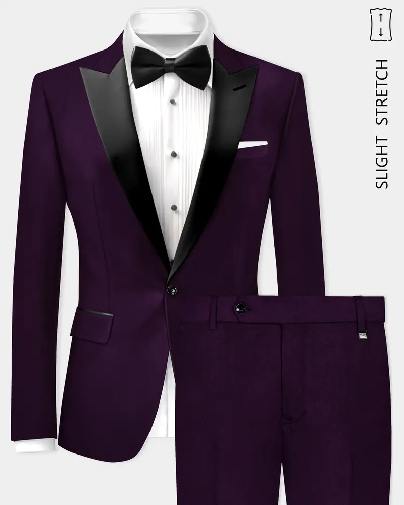 Regal Plum-Eggplant Purple Solid Wool Rich Peak Lapel Tuxedo Slight Stretch Suit 1