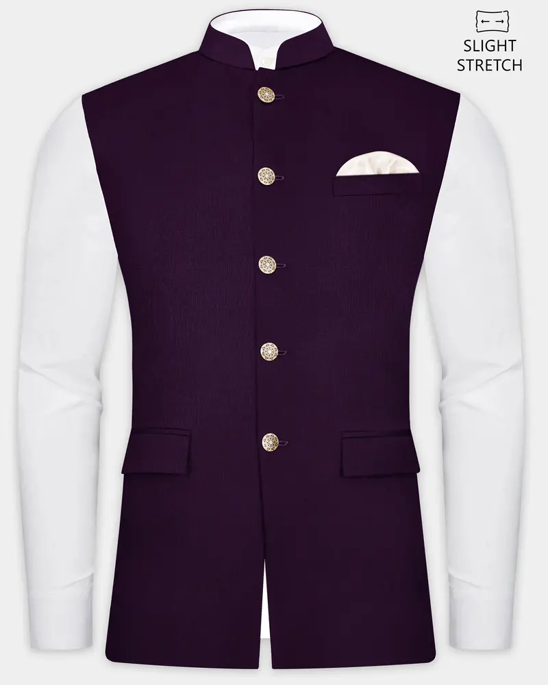 Regal Plum-Eggplant Purple Solid Wool Rich Slight Stretch Nehru Jacket 1