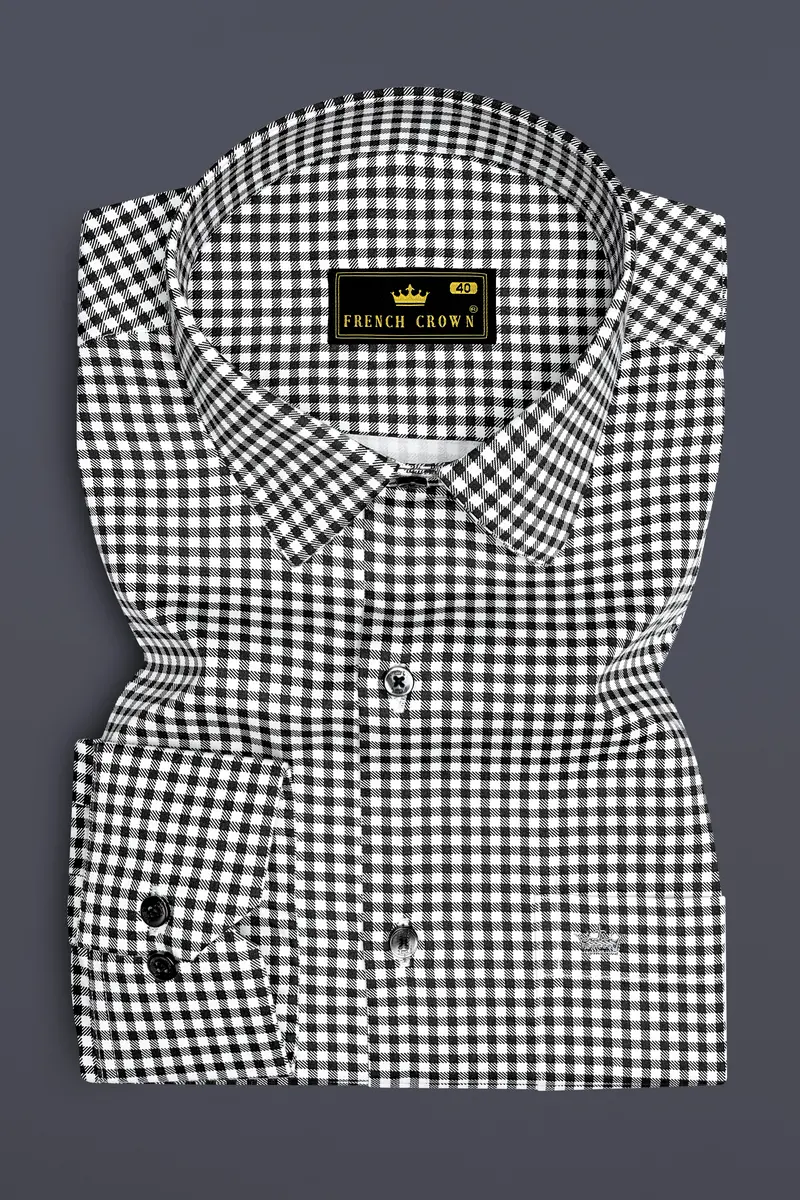 Regalis-Jade Black And Bright White Gingham Plaid Subtle Sheen Super Soft Premium Cotton Dress Shirt 4