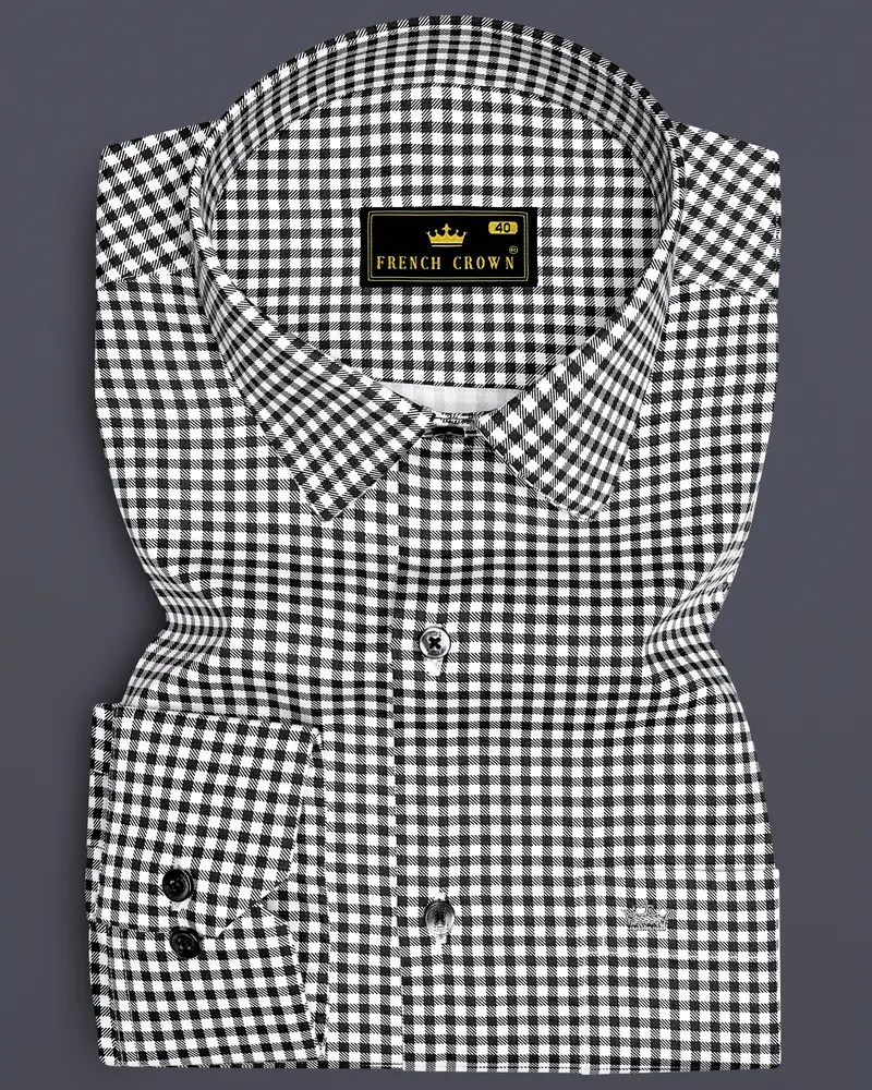 Regalis-Jade Black And Bright White Gingham Plaid Subtle Sheen Super Soft Premium Cotton Dress Shirt 6