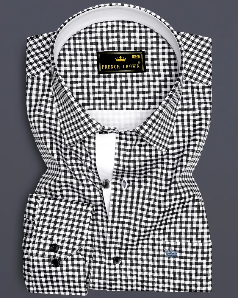 Regalis-Jade Black And Bright White Gingham Plaid Super Soft Premium Cotton Dress Shirt 6