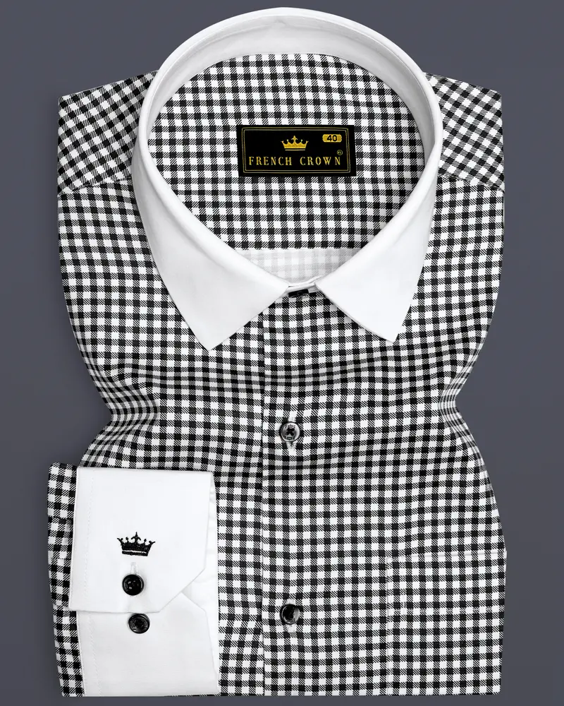 Regalis-Jade Black And Bright White Gingham Plaid Super Soft Premium Cotton Dress White Cuff Collar Shirt 1