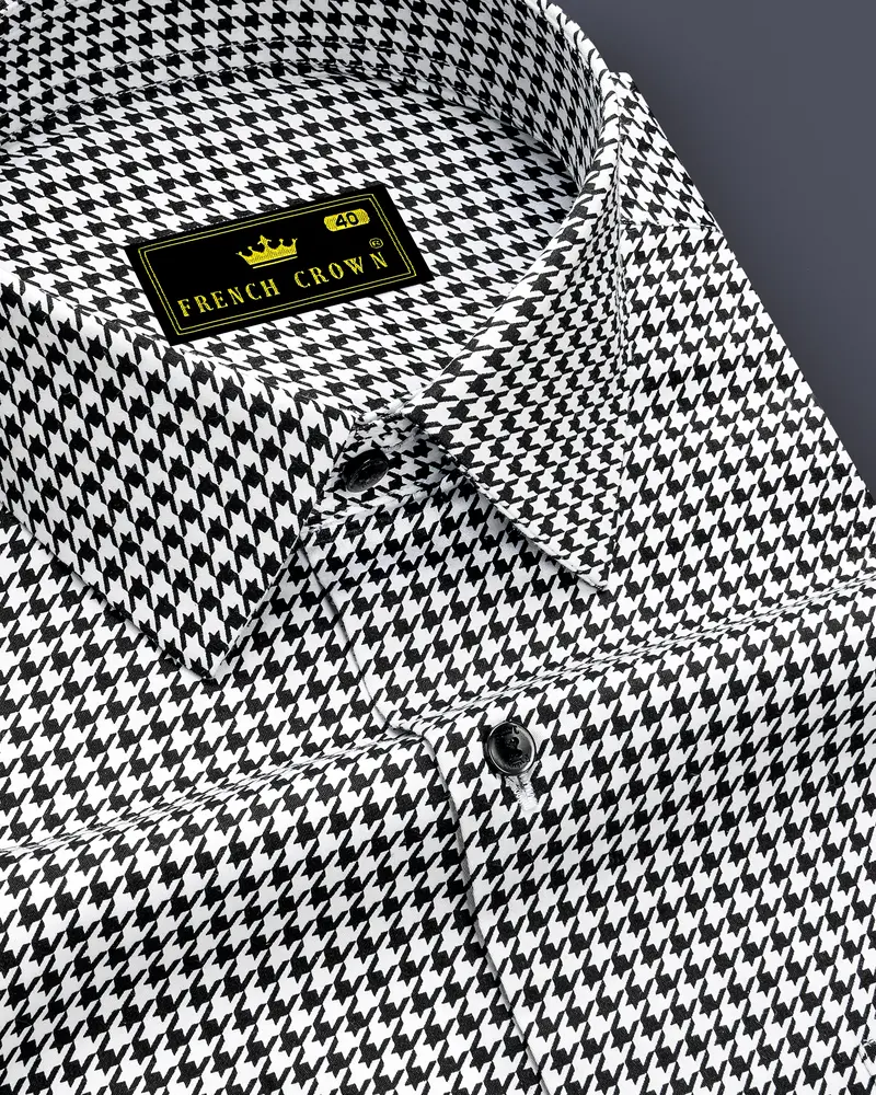 Regalis-Jade Black And Bright White Houndstooth Printed Subtle Sheen Super Soft Premium Cotton Dress Shirt 1